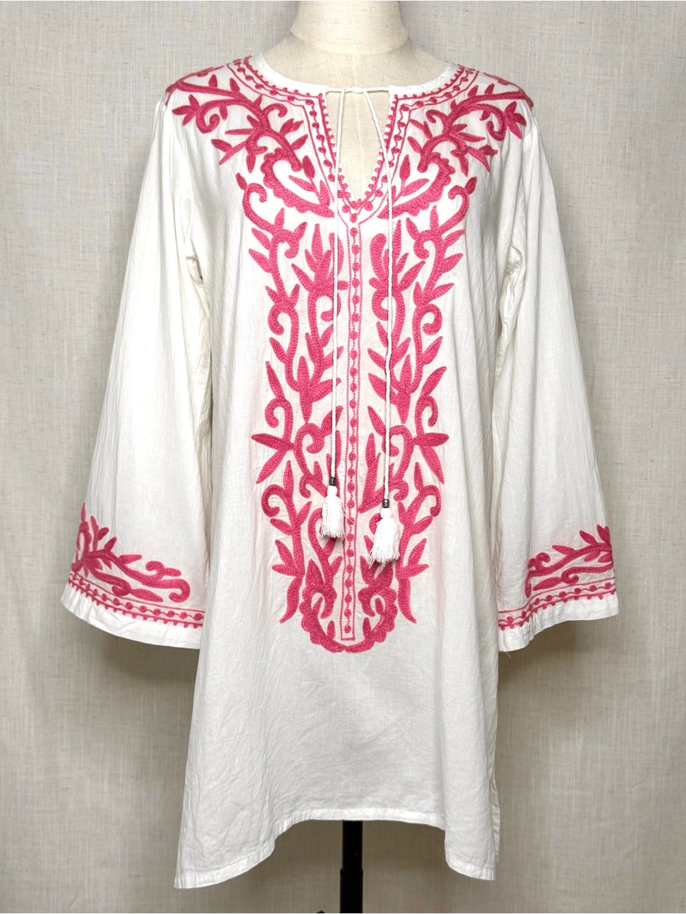 Madison Mathews Embroidered Cotton Tunic Cover-Up White Pink Size Medium
